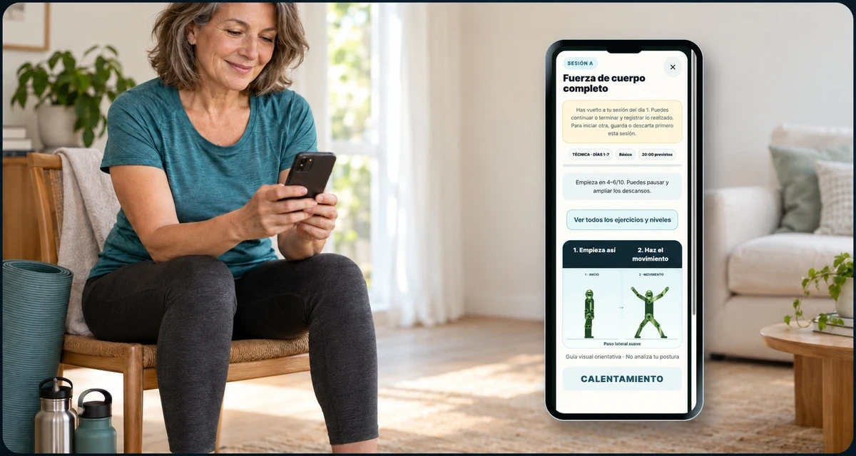 Mujer consultando fuerza guiada de Insulina en Orden 21; escena ilustrativa con captura de la app