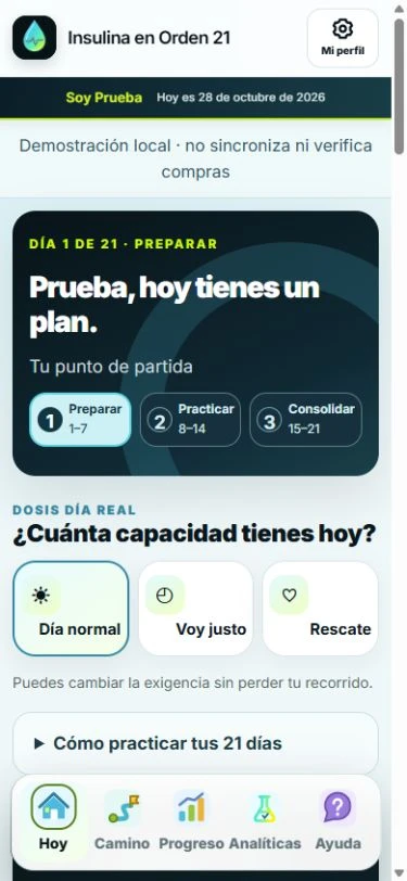 Pantalla real de Insulina en Orden 21 con datos de demostración